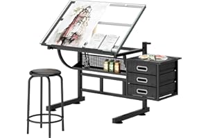 DlandHome Drafting Table Adjustable Drawing Table Craft Station Center with Stool and Storage Drawers,0CZLCUT-029WT-DCA