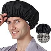 Years calm Men Shower Cap Reusable Waterproof, Dual-Layer Design, Double-Sided Use,Protects Hair in Shower, Spa, Travel & Cooking, Adjustable Elastic for Comfortable Fit (Black Plaid, One Size)