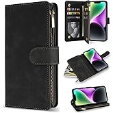 ZZXX for iPhone 14 Case Wallet with [RFID Blocking] Card Slot Premium Soft PU Leather Zipper Flip Folio with Wrist Strap Kickstand Protective Phone Cover for iPhone 14 Wallet Case(Black-6.1 inch)