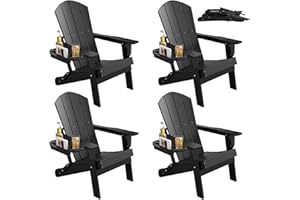 FOOWIN Folding Adirondack Chair Set of 4, HDPE Adirondack Chairs with Cup Holder, Weather Resistant Plastic Fire Pit Chairs for Outdoor, Patio, Lawn, Garden, Backyard, Deck, Black