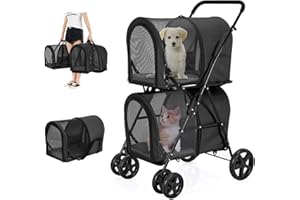 LPOTIUS Double Pet Stroller for Dogs and Cats with 2 Detachable Carrier, Quick-Folding Dog Stroller for Small Medium Dogs Cats, 4 Wheels, Pink