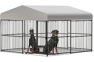 CURTAINBORO 10X10x6 FT Large Dog Kennel Outside, Heavy-Duty Outdoor Cage with Lock and Waterproof Roof, Swivel Stainless Steel Feeding Bowl- Easy Assembly for Medium & Large Dogs.