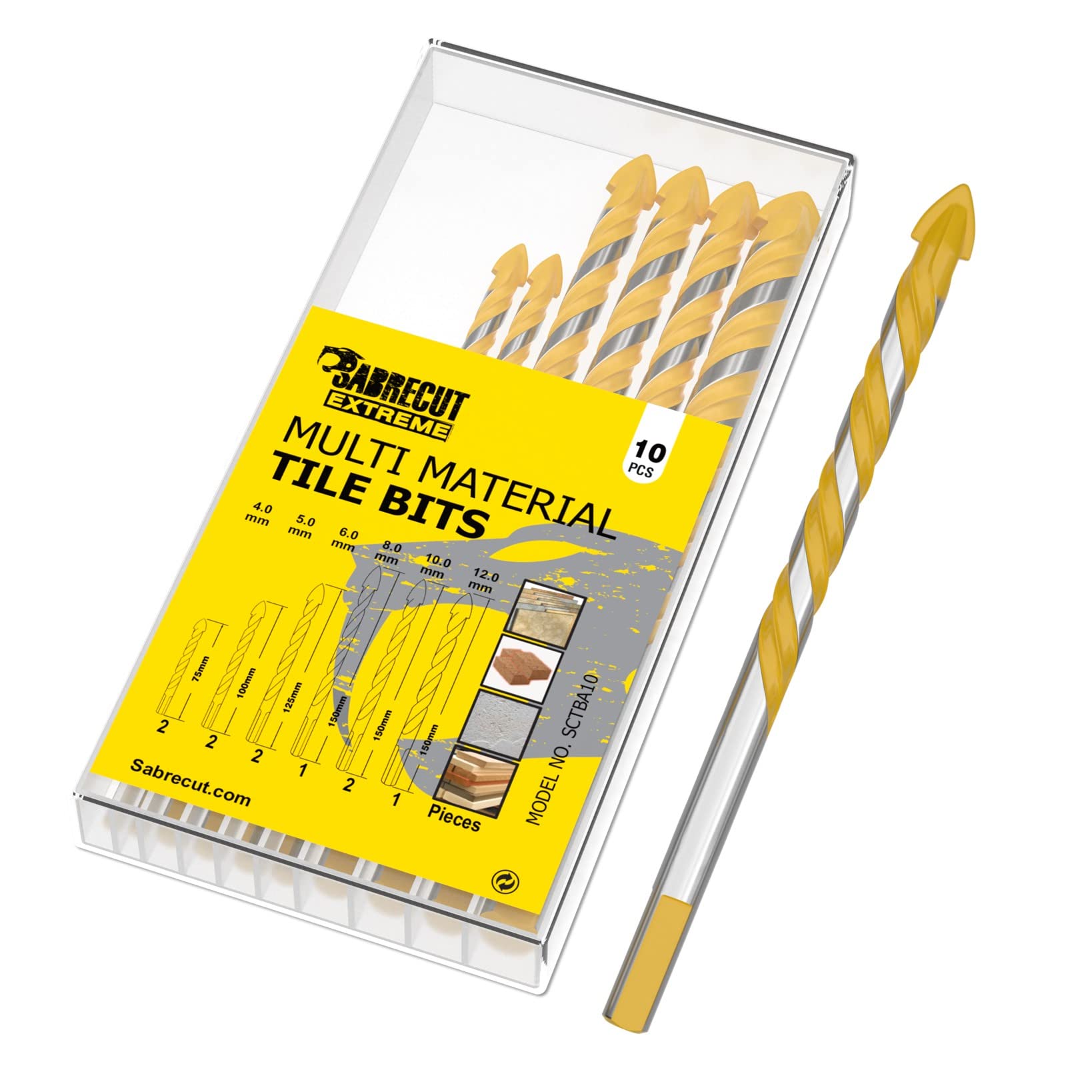 10 x SabreCut SCTBA10 Multi-Material Tile Drill Bits Set for Ceramic Porcelain Granite Marble with Durable Storage Box