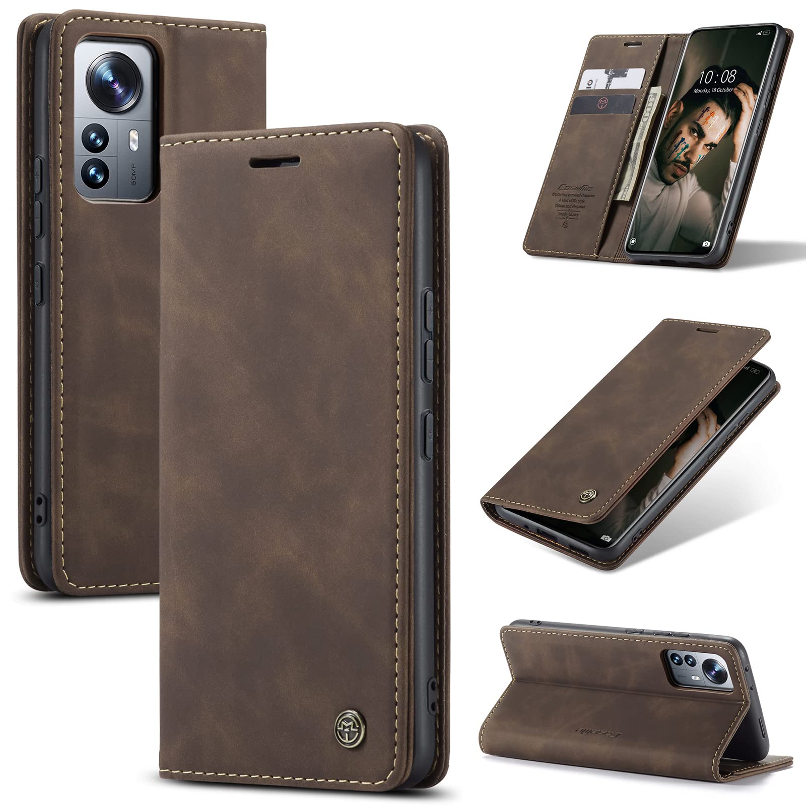 UFinetech Case for Xiaomi 12 Pro, Leather TPU Cover Shell Xiaomi 12 Pro 5G, Slim Flip Folio Magnetic Closure Kickstand Card Holder Wallet 2-in-1 Shockproof Anti-scratch Camera Protector 2022, Coffee