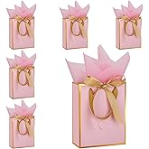 STOBOCTER 6 Pcs Thank You Gift Bags with Handles and Tissue Paper 9 x 7 x 3. 15'' Metallic Welcome Gift Bags with Bow Ribbon for Wedding Bridal Baby Shower Housewarming Birthday Party(Pink, Gold)