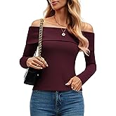 DCCISU Women’s Off Shoulder Long Sleeve Ribbed Tops Fitted Basic Shirts Soft Stretch Slim Going Out Tops