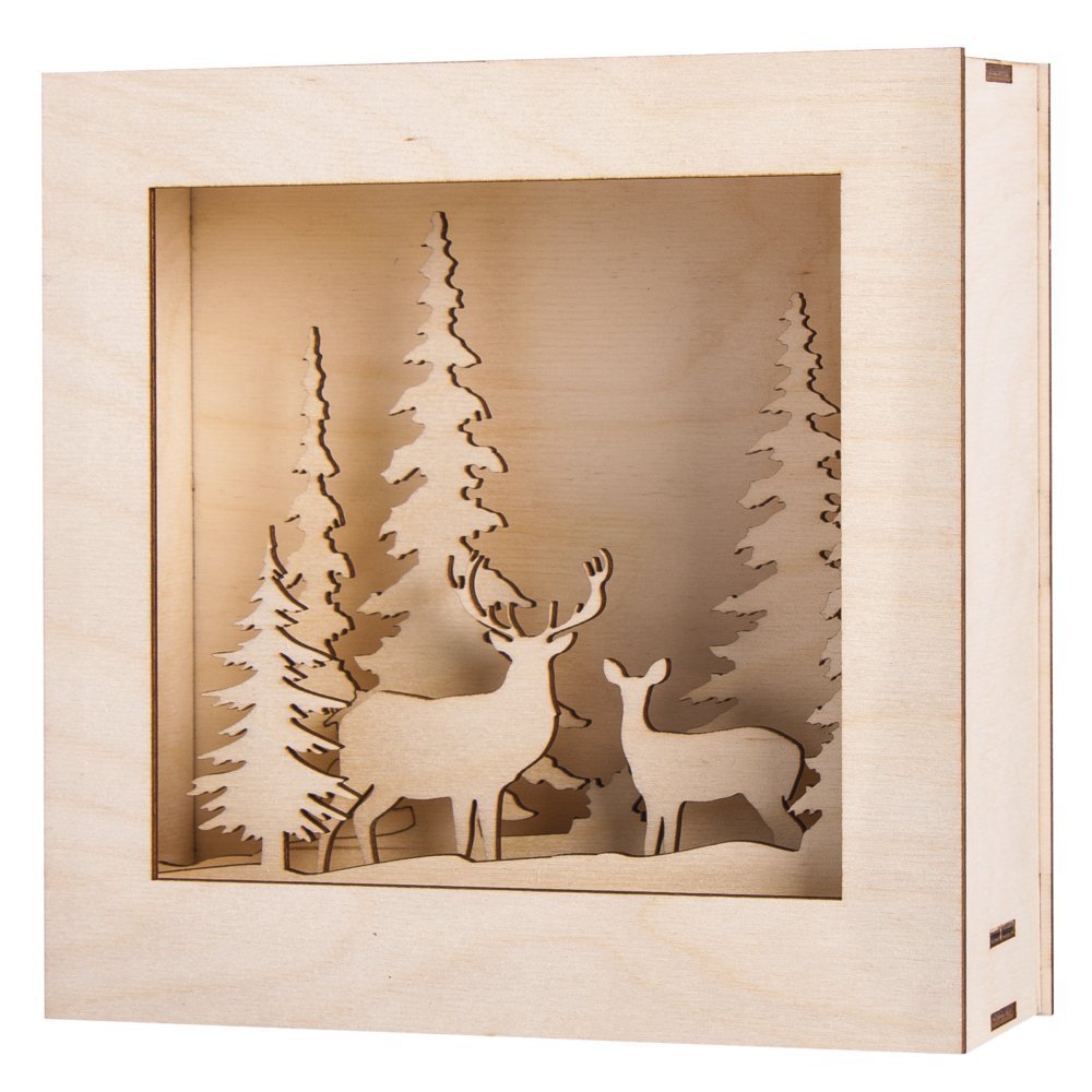 Rayher 46308000 Shadow Box Building Kit with 3D Winter Scenery, Deer and Fir Trees, DIY Wood Craft Set, 14 slot-together Pieces, 20x20x6.6cm