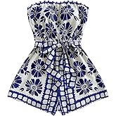 WDIRARA Women's Boho Floral Print Tube Romper Strapless Sleeveless Belted Shorts Jumpsuits