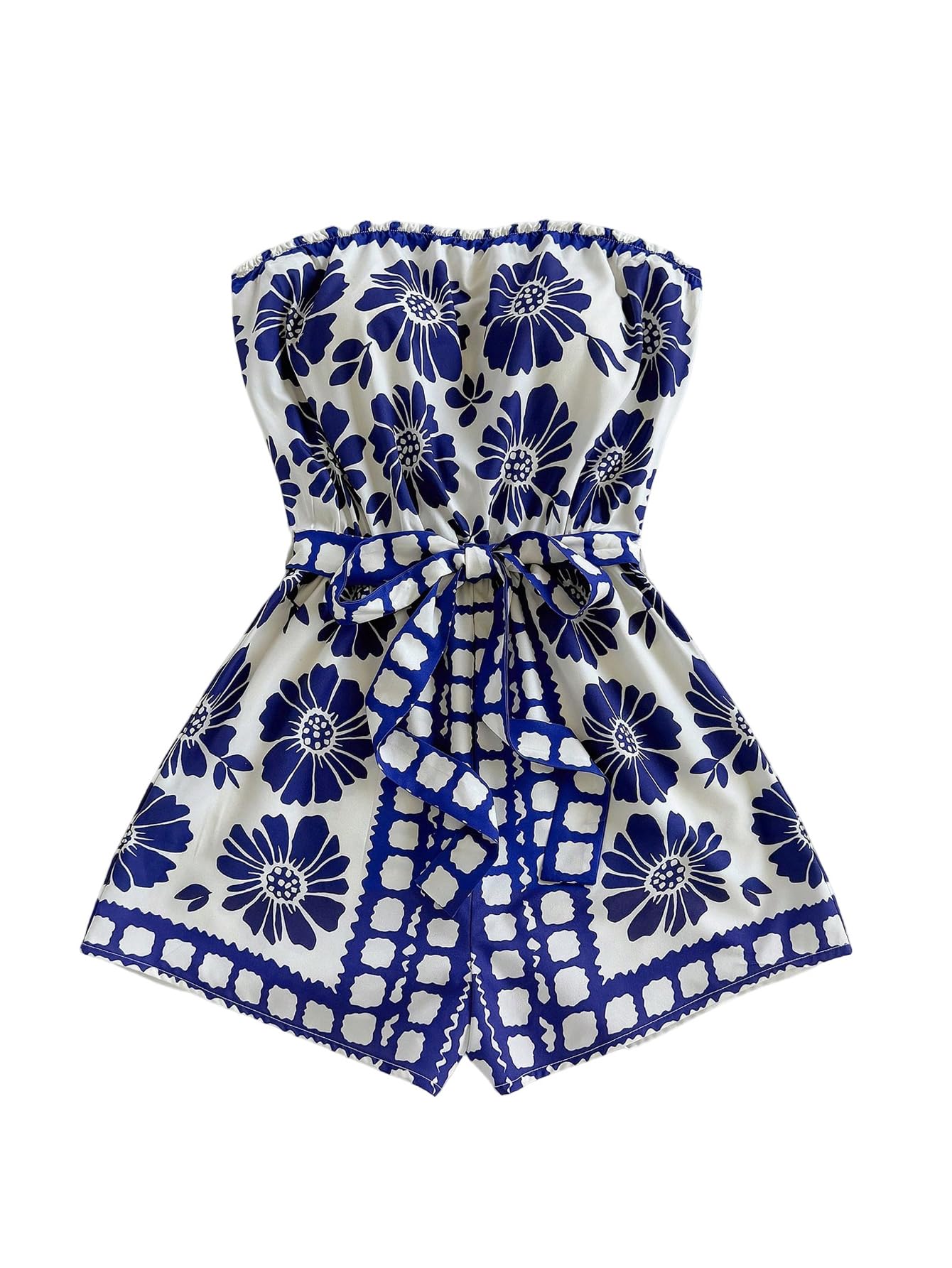 Photo 1 of Floerns Women's Boho Floral Strapless Jumpsuit Sleeveless Vacation Short Belted Romper Blue and White Medium