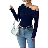 OYOANGLE Women's Floral Appliques Off The Shoulder Top Long Sleeve Fitted Tee Shirts Going Out Tops