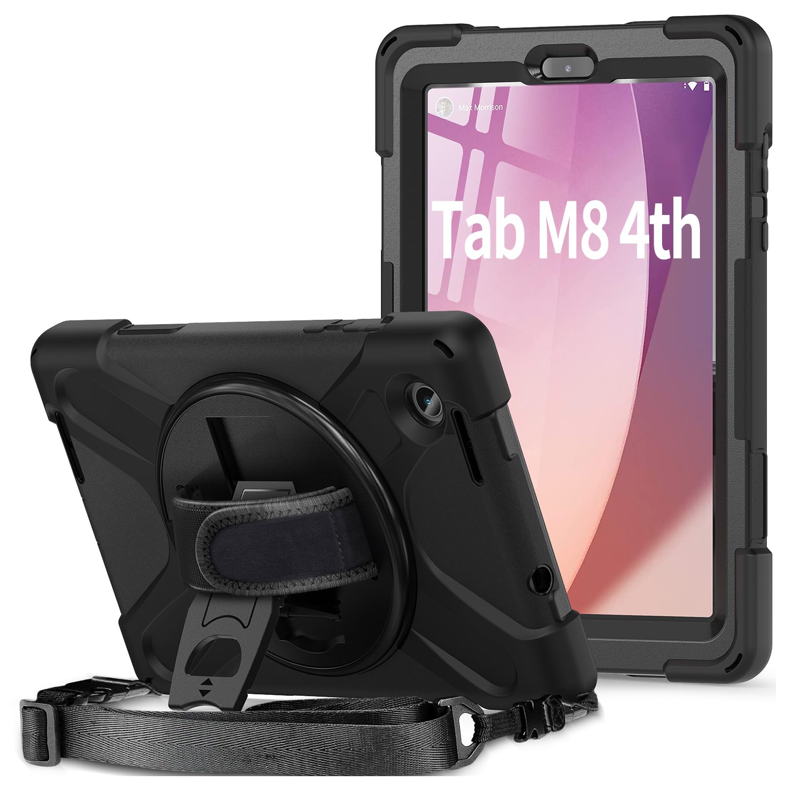 Gerutek Case for Lenovo Tab M8 4th Gen(TB-300FU/TB-301XU), Tab M8 Tablet shockproof Heavy Duty Rugged Protective Cover with 360 Stand & Hand Strap,Shoulder Strap for Lenovo 4th Gen,Black — image 1