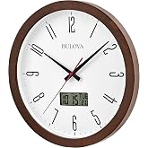 Bulova C5007 Dateline 14&rdquo; Wall Clock &ndash; Espresso Pine Wood Case, Glass Lens, Dual Time with LCD Second Time Zone/Temperature Display, Radio-Controlled Accuracy
