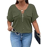 Viracy Plus Size Top for Women Short Sleeve Blouses Zip-up V Neck Top Womens Fashion 2025 Trendy Casual Work Shirt 1X-5X