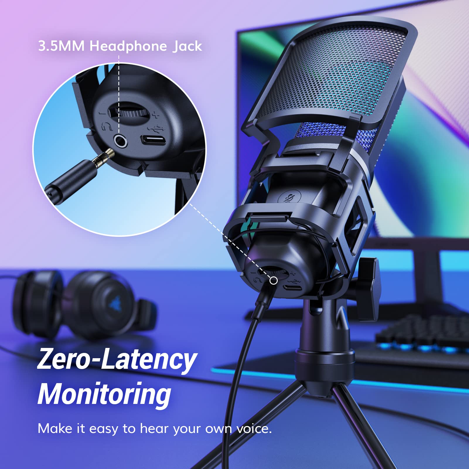 TONOR Gaming USB Microphone for PC, RGB Condenser Computer Mic with Tripod Stand, Quick Mute, Gain Control, for Gaming, Streaming, Podcasting, Recording, Cardioid Mic Kit for Laptop/PS4/PS5 TC777 Pro
