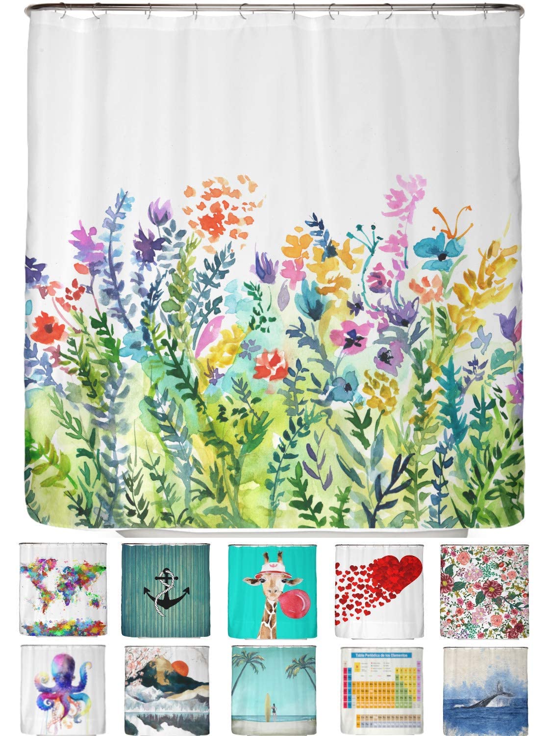 arteneur® - Colourful flowers - anti-mould shower curtain 180 x 200 cm with Oeko-Tex Standard 100 - weighted hem, opaque, waterproof, washable, 12 rings and e-book (English language not) — image 1