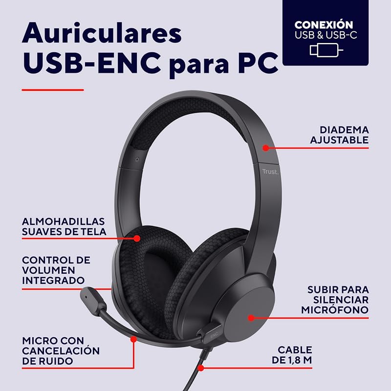 Ayda MAX Auriculares con Cable USB Over Ear, Micrófono ENC, Negro