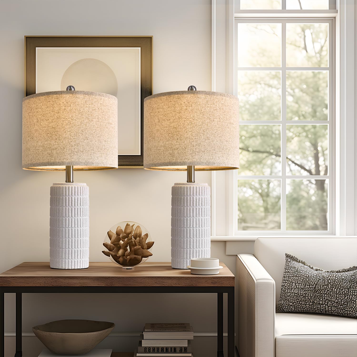 Photo 1 of PoKat 23" Table Lamp, Farmhouse Bedside Lamps for Bedroom Set of 2, Ceramic End Table Lamps for Living Room, Traditional Nightstand Desk Lamps, Frosted White Lamps, Medium
