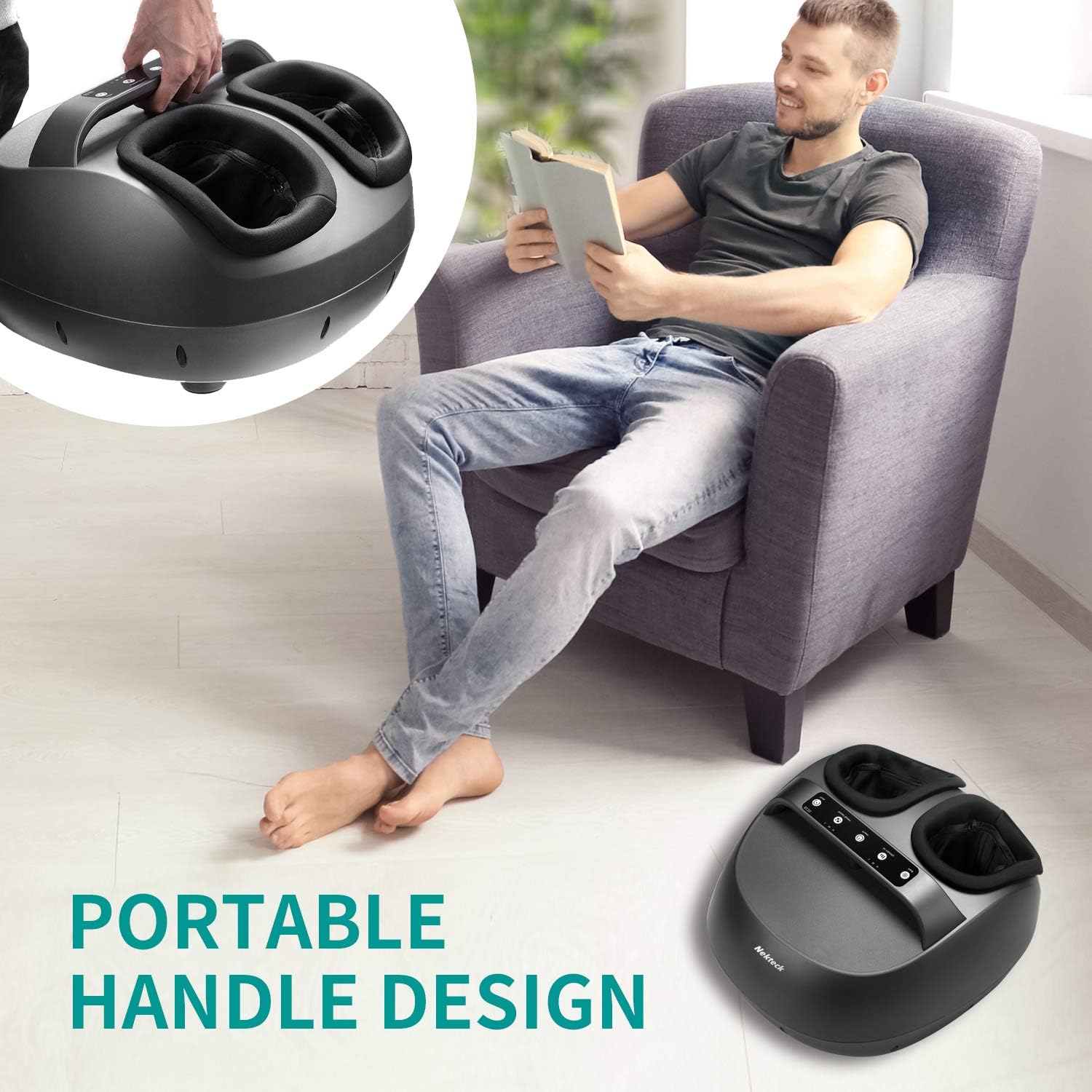 Nekteck Foot Massager Machine with Heat, Shiatsu Foot Massagers with Handle Design, 6 Mode with Kneading Rolling, Air Compression and Built-in Heat Function,Relax for Home or Office Use,Fit to Size 12: Health & Personal Care