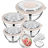 E-far Mixing Bowls Set of 5, Stainless Steel Salad Mixing Bowl with Transparent Lid, Metal Nesting Bowl Attach with 3 Graters for Kitchen Prepping/Serving/Baking/Storage, 4.6/2.6/1.5/1/0.7 QT - Khaki