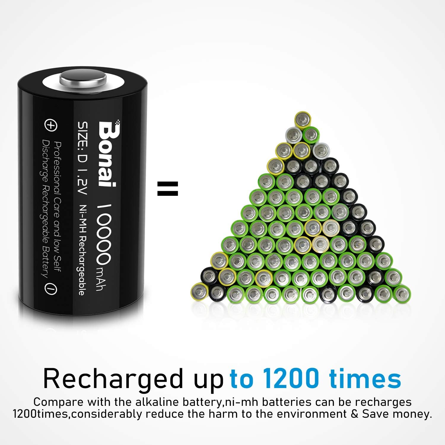 BONAI Rechargeable Batteries D LR20 10000mAh Ni-MH 1.2V Accu, Type D Baby D LR20 Rechargeable Battery 1200 Cycles - Image 3