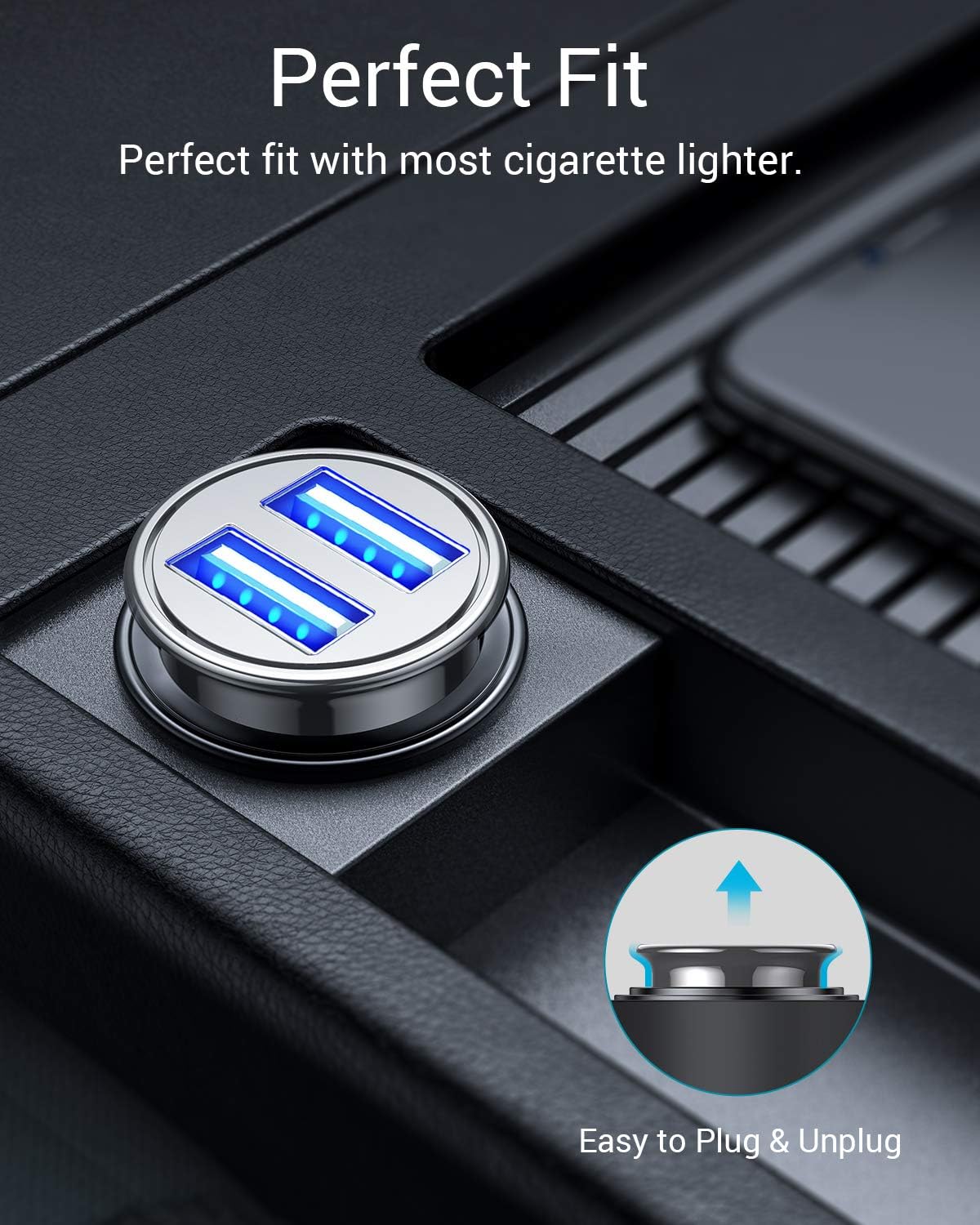 AINOPE Car Charger, 4.8A All Metal Car Charger Adapter Dual USB Port Fast Car Charging Mini Flush Fit Compatible with Xs max/XR/x/7/6s, Air 2/Mini 3, Note 9/Galaxy S10/S9/S8, Phone, Tablet-Silver