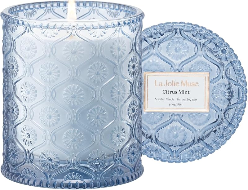 La Jolíe Muse Citrus Mint Soy Candle 6oz 40 Hr Burn Time Blue Glass