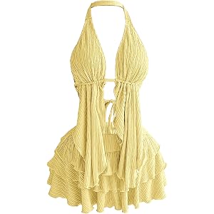 OYOANGLE Women's 2 Piece Set Halter Deep V Neck Top and Layered Ruffle Mini Skirt Beach Vacation Outfits