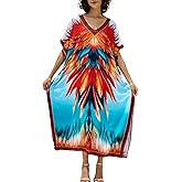 Chunoy Women Parrot Feather Kaftan V Neck Casual Bathing Suit Kimono Sleeve Side Split Beach Cover Up Caftan Dress