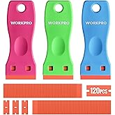 WORKPRO 3-Piece Plastic Razor Blade Scraper with 120 Pcs Plastic Razor Blades, Scraper Tool for Gasket Remover, Labels Decal 
