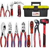 HOUSERAN 12-Piece Household Hand Tool Set with Toolbox &ndash; Heavy Duty CRV Pliers, Adjustable Wrench, Rubber Mallet &amp; Claw Hammer for Home, Garage, Automotive &amp; DIY Projects