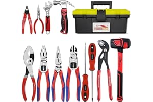 HOUSERAN 12-Piece Household Hand Tool Set with Toolbox – Heavy Duty CRV Pliers, Adjustable Wrench, Rubber Mallet & Claw Hamme