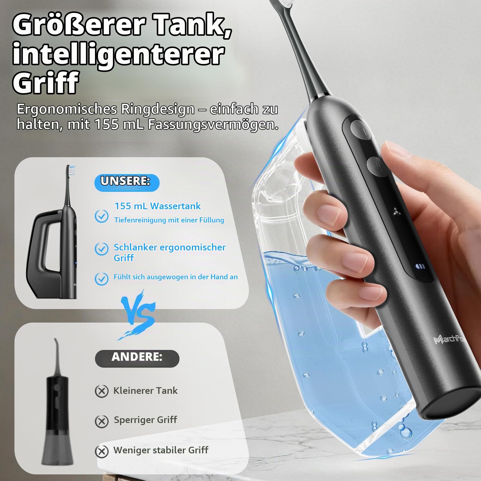Marchpower 3-in-1 Elektrische Zahnbürste mit Munddusche, Oszillation, Vibration & Wasserflosser, 3+4 Modi, Profi-Schallzahnbürste mit 155ml Magnet-Wassertank, IPX7 Kombigerät 2 Bürstenköpfe, Spacegrau 7