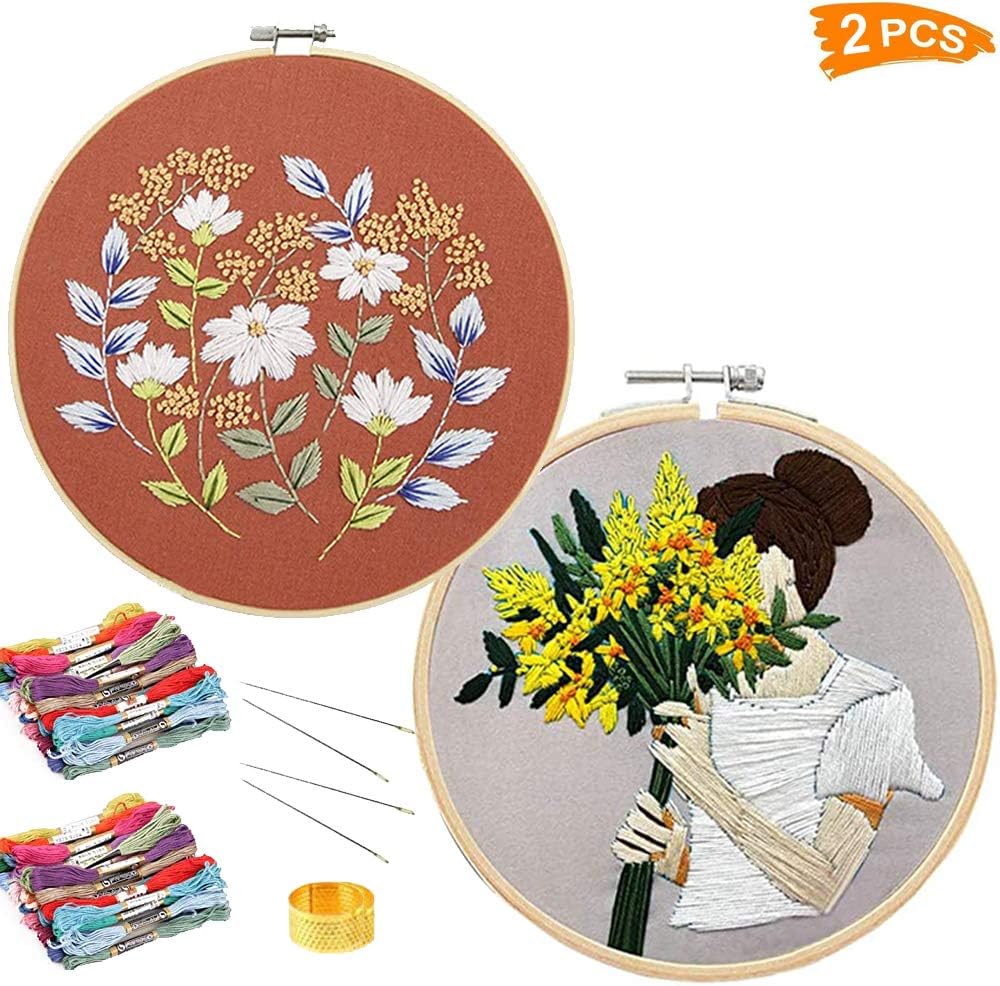 DIY Embroidery Starter Kit w/t Pattern Full Range of Stamped Embroidery Kits w/t Instructions, Embroidery Floral Pattern, Bamboo Hoop, Color Threads & Tools (2 Pack, Model 7#)