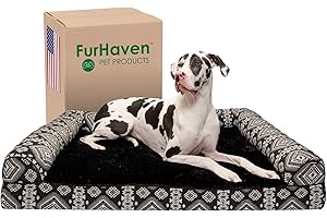 Furhaven Cooling Gel Dog Bed for Large Dogs w/ Removable Bolsters & Washable Cover, For Dogs Up to 125 lbs - Plush & Southwest Kilim Woven Decor Sofa - Black Medallion, Jumbo Plus/XXL