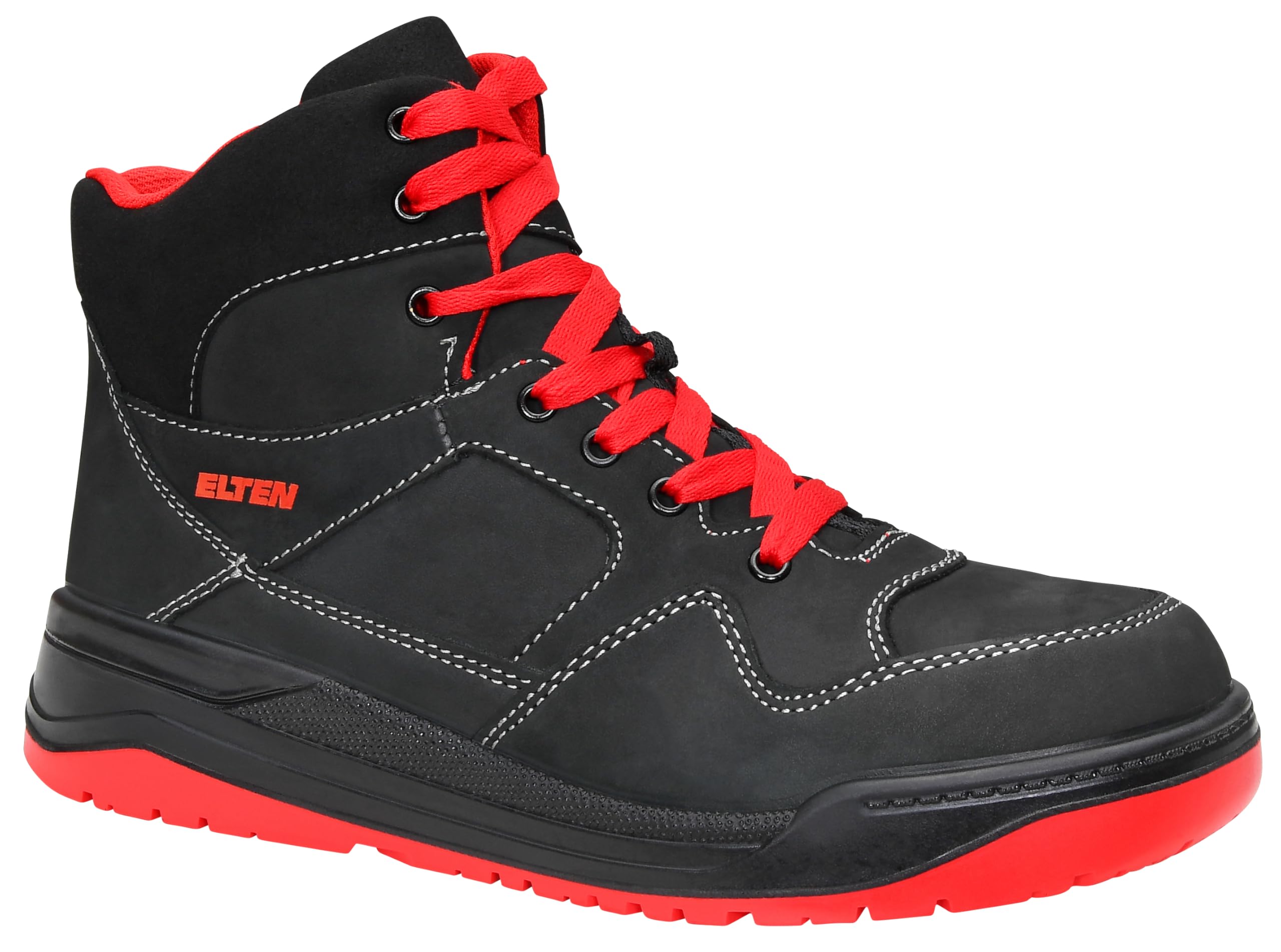 ELTEN Maverick Black-Red Cool Mid Safety Trainers in Basketball Style, Nubuck Leather, Steel Cap, Textile Lining