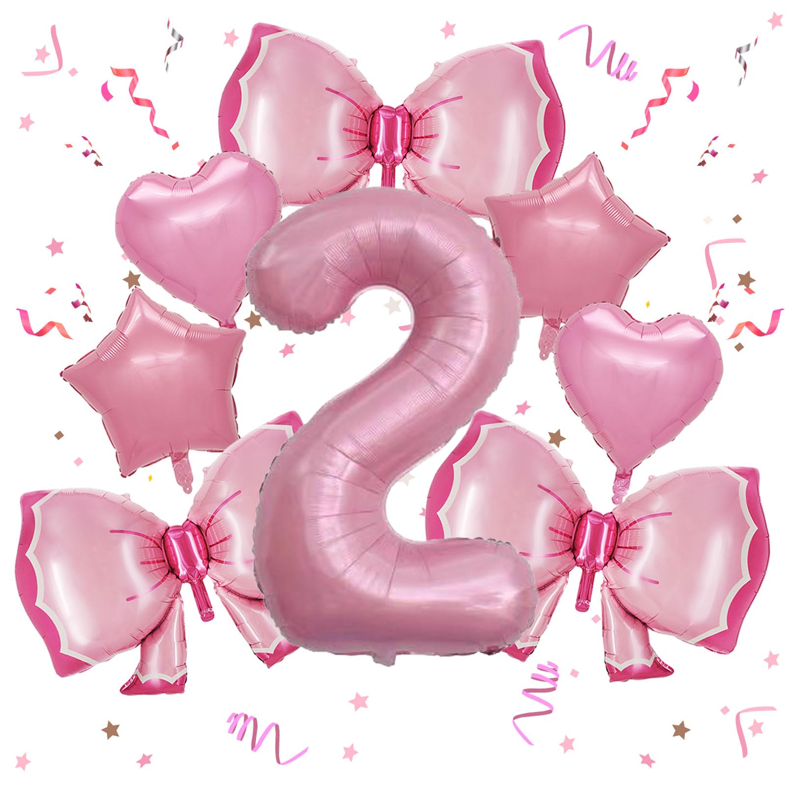 Photo 1 of 8 Pcs Pink Bow Number 2 Balloons Pink Bow Party Decorations 40 Inch Number 2 Foil Balloon Pink Heart Star Bow Mylar Balloons for Girl 2nd Second Birthday Party Decorations Supplies