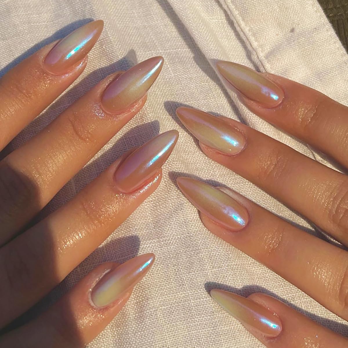 AkiliBIELY Pink Almond Press on Nails Medium Chrome Metallic Holographic iridescent Fake Nails Women Fantasy Glue on Nails Acrylic Gel Stick on Nails Classy Aesthetic False Nails Wedding Birthday