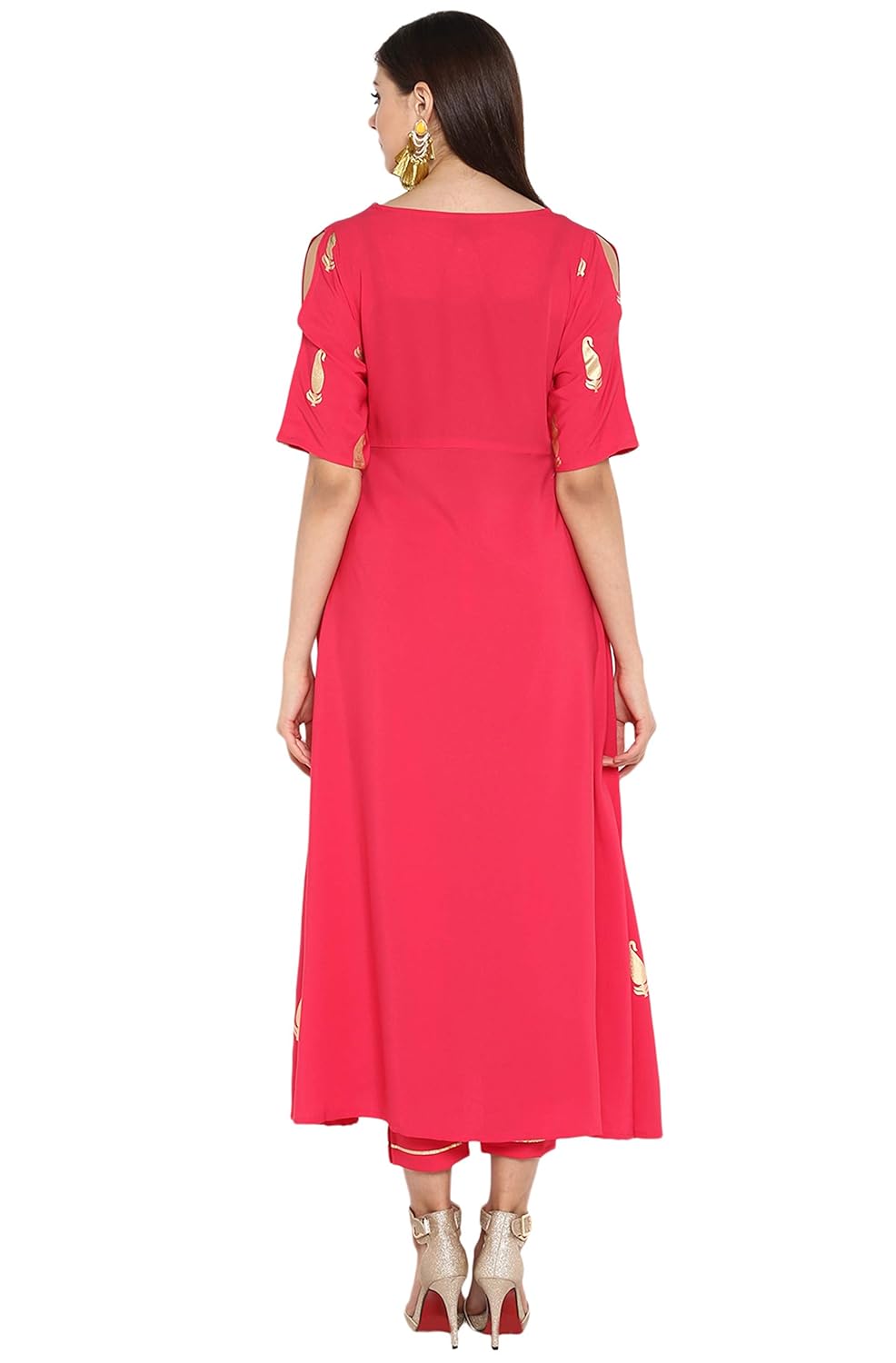 janasya women's crepe foil print a-line kurta with narrow pant