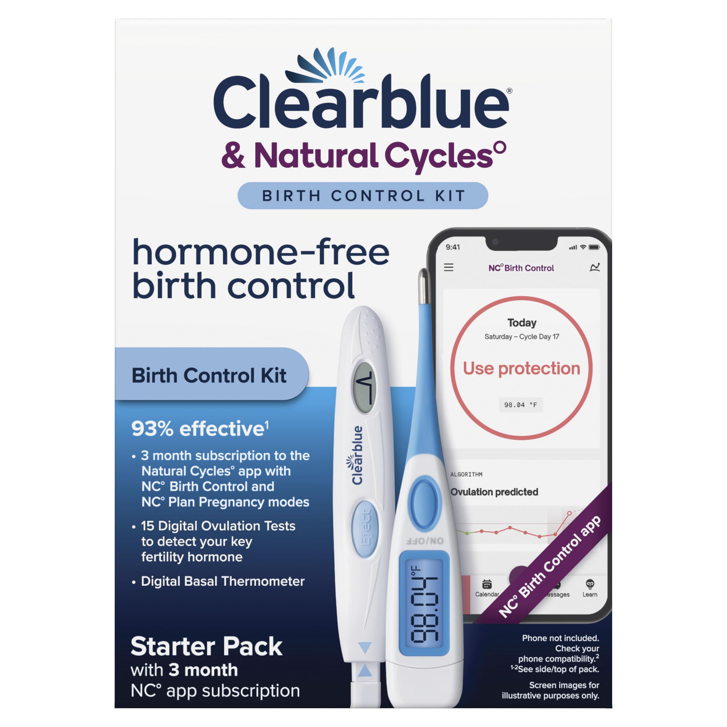 Clearblue & Natural Cycles Hormone-Free Birth Control Kit Starter Pack, 3 Month Subscription to The Natural Cycles app, 15 Digital Ovulation Tests, 1 Digital Basal Thermometer