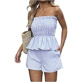 SOLY HUX Women's 2 Piece Summer Vacation Outfits Striped Peplum Ruffle Hem Tube Tops and Shorts Set