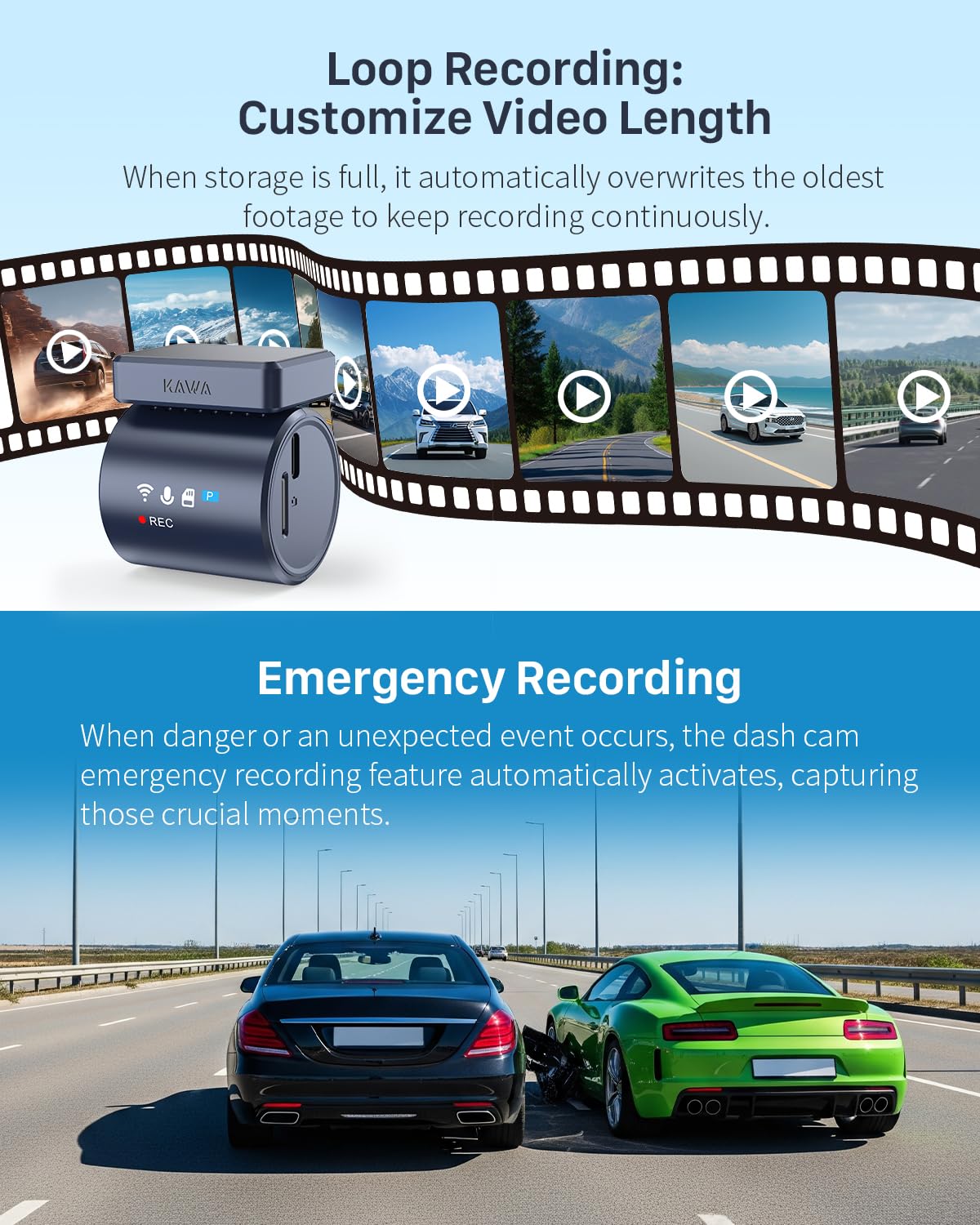 KAWA 2K Dash Cam for Cars with Voice Control - Stealth Display Tiny Dashcam Front Included 32GB Micro SD Card, Super Night Vision, 1296P QHD, G-Sensor, Built in WiFi & App Car Camera