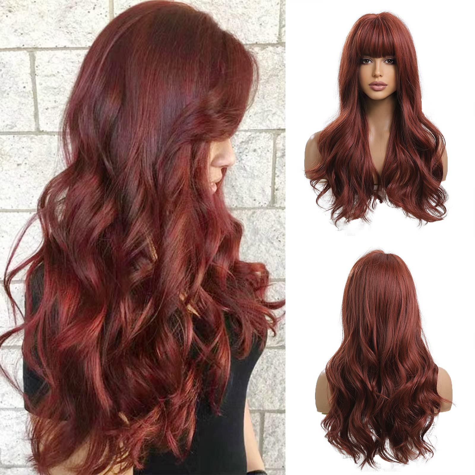 OUFEI Long Curly Reddish Brown Wig with Bangs Red Copper Wigs Natural Synthetic Hair Heat Resistant Wigs for Women Cosplay Party Wear — image 1