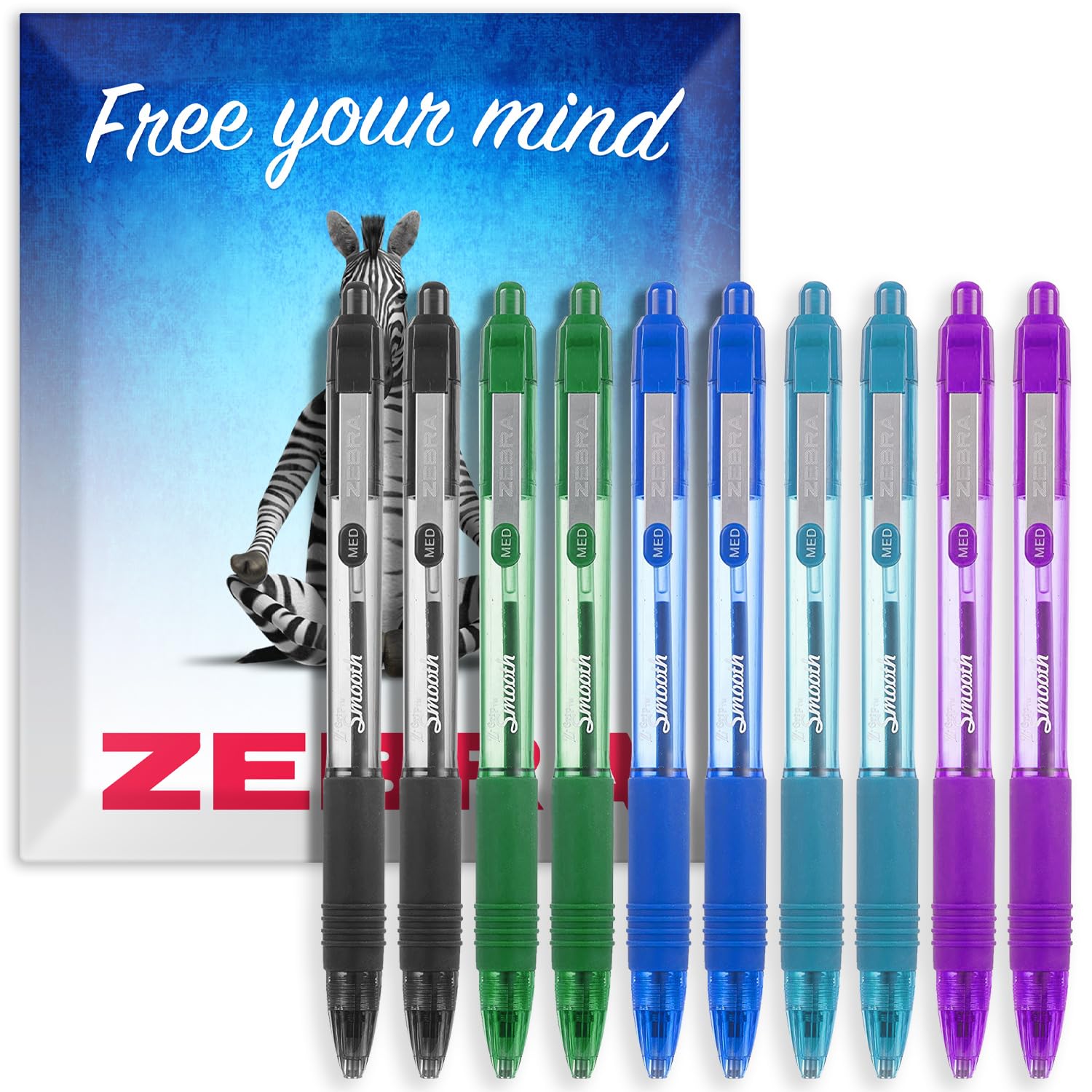 Zebra Z-Grip Smooth Ballpoint Pen - 1.0mm - Essential Set - Black, Blue, Light Blue, Green & Violet Ink - Pack of 10 - in Zebra Envelope Gift Packaging