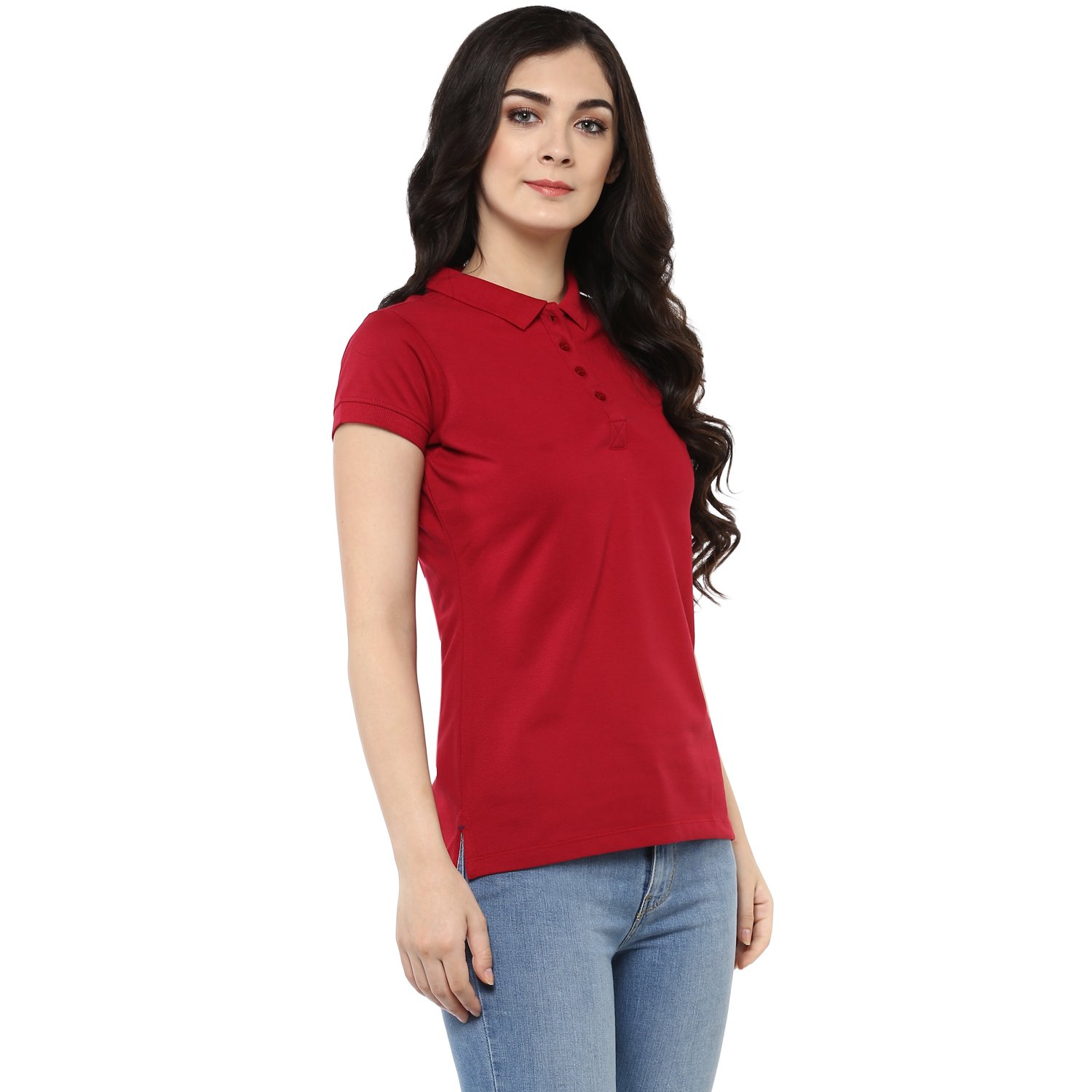 modeve women's solid polo t-shirt (cherry)