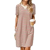 Glamaker Women Summer Tshirt Shift Dress Casual Striped Short Sleeve Crew Neck Knee Length Comfy Dress with Pockets