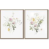 Wildflower Canvas Wall Art Set of 2 Colorful Flower Pictures Prints Watercolor Botanical Floral Poster Minimalist Wall Decor Framed for Bedroom Living Room Bathroom Home Office Decoration - 11x14 Inch
