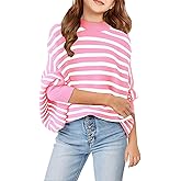 Haloumoning Girls Oversized Striped Sweater Kids Fashion Batwing Sleeve Ribbed Knit Pullover Tops 5-14 Years
