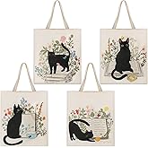 Oudain 4 Pcs Canvas Tote Bag for Women Floral Black Cat Canvas Tote Aesthetic Reusable Grocery Bags Cute Gifts for Cat Lover