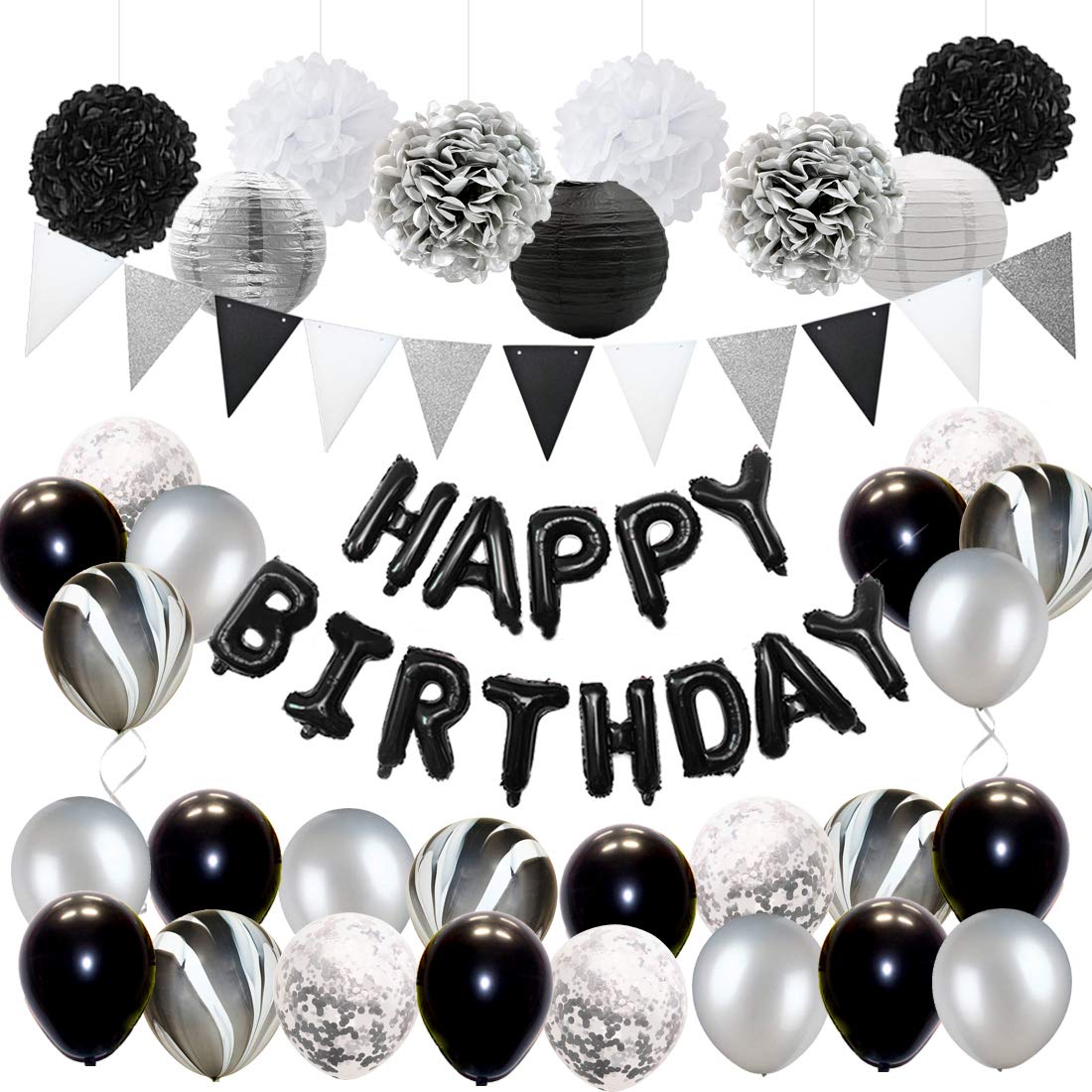JOYMEMO Black and Silver Birthday Decorations - Black White Confetti Marble Balloons Set, Happy Birthday Banner, Paper Pom Poms for 18th 21st 30th Birthday Party