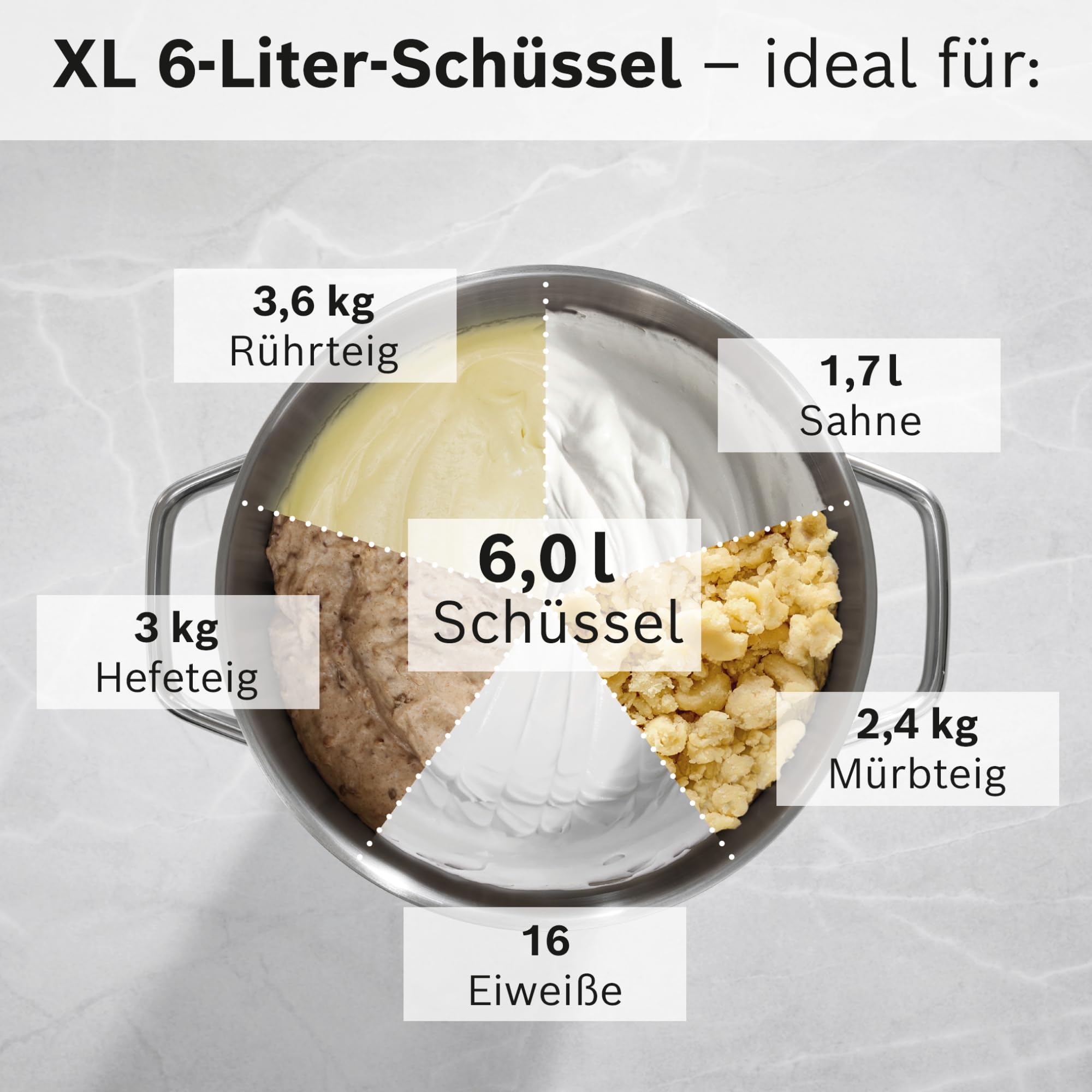 Bosch Küchenmaschine Serie 8, NEU, 9 Automatikprogramme, Waage, Timer, 7 Stufen, 6l Edelstahl-Schüssel, Knethaken, Rührbesen, Silikonbesen, spülmaschinenfest, 1.800 W, MUMS8ZS00 4